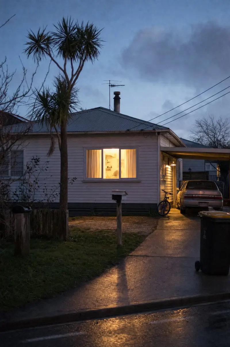 A weatherboard house in Hamilton at dusk, the kitchen light on, a car in the driveway and a kid's bike against the carport