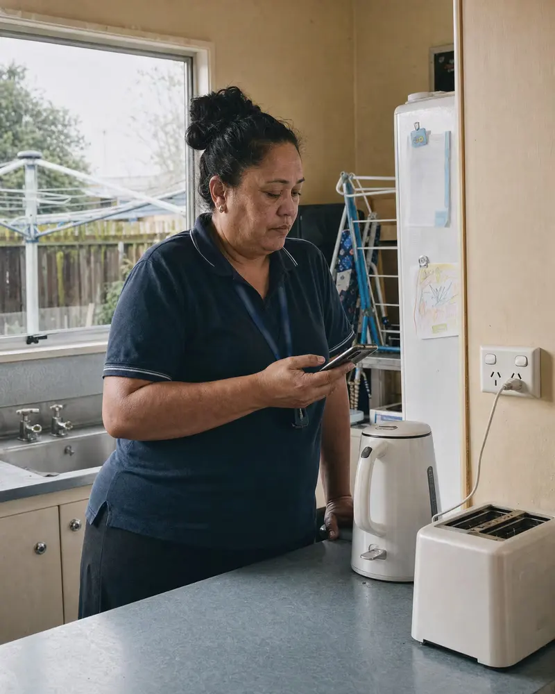 Woman in a work polo scrolls her phone at the kitchen bench of a Māngere state house while the toast cooks